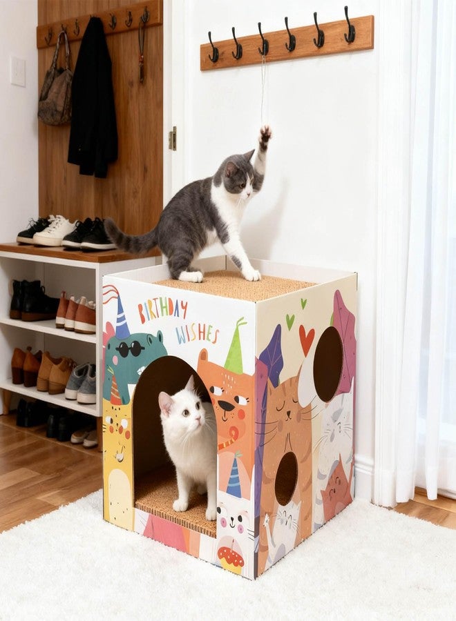 PowerKing Cardboard Cat House with Scratch Pads, Durable 2-Story Corrugated Cat Scratcher Playhouse with Windows, Large Hideout for Indoor Cats & Small Pets, Easy Assembly, 12.01" L × 12.01" W × 11.73" H - Image 5